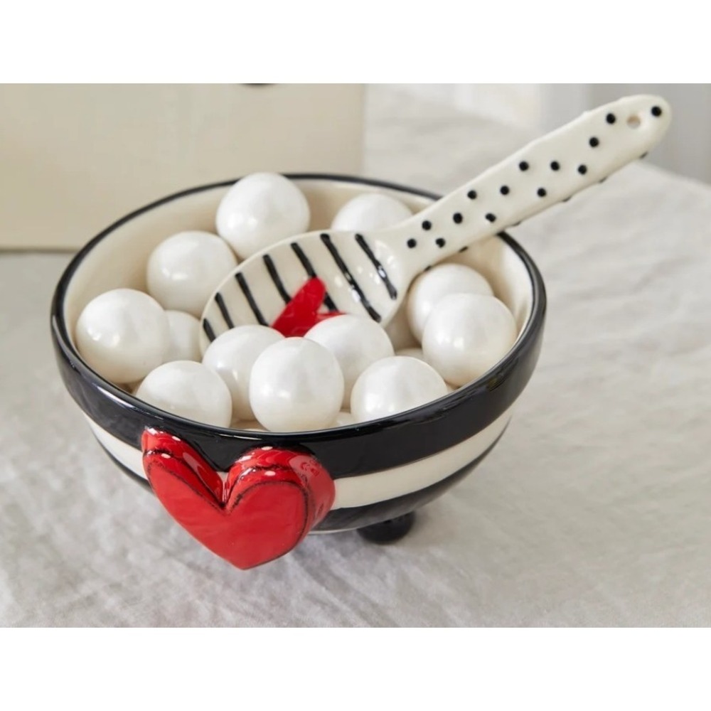 DEMDACO Tracy Pesche Heartful Home Black White Stripe Heart Candy Bowl Spoon